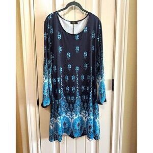 R&B Collection Border Print Shift Dress Size 1X Black Blue Paisley Boho Knit